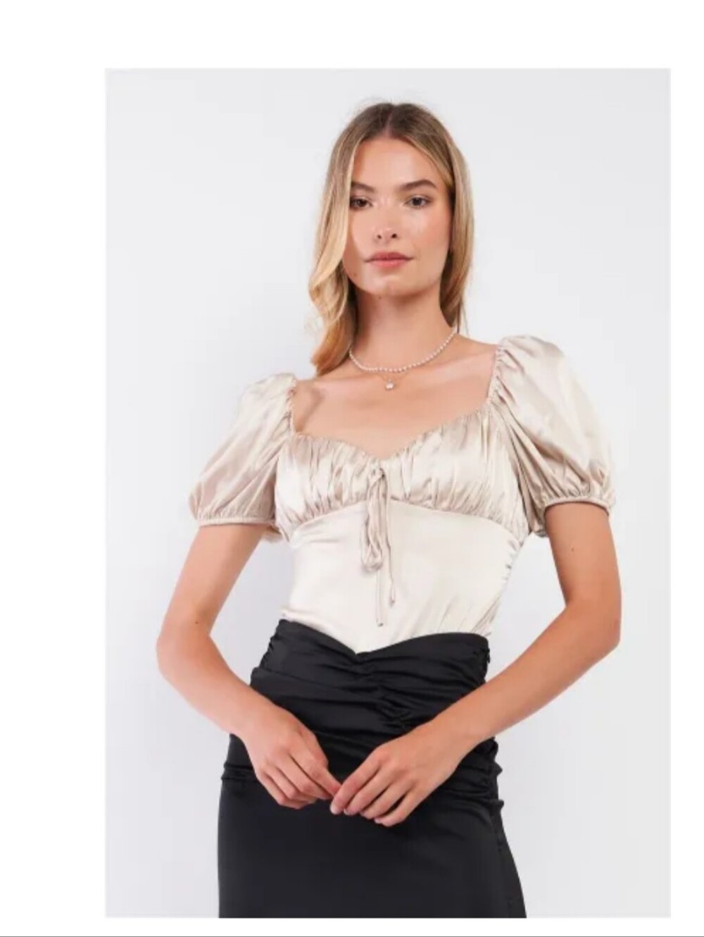 New Satin Beige Women's Bodysuit with Drawstring Detail